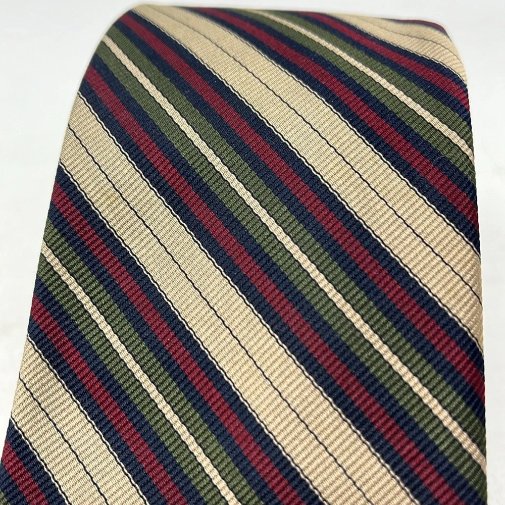 VINTAGE NEIMAN MARCUS 100% SILK TIE STRIPE BURGUNDY BLUE GREEN TAN